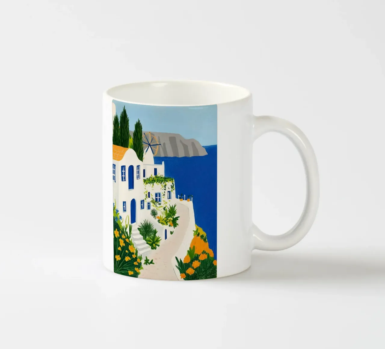 Santorini con fiori gialli tazza in ceramica da Curious Canvas