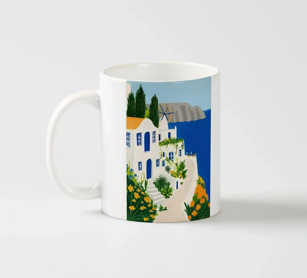 Santorini con fiori gialli tazza in ceramica da Curious Canvas