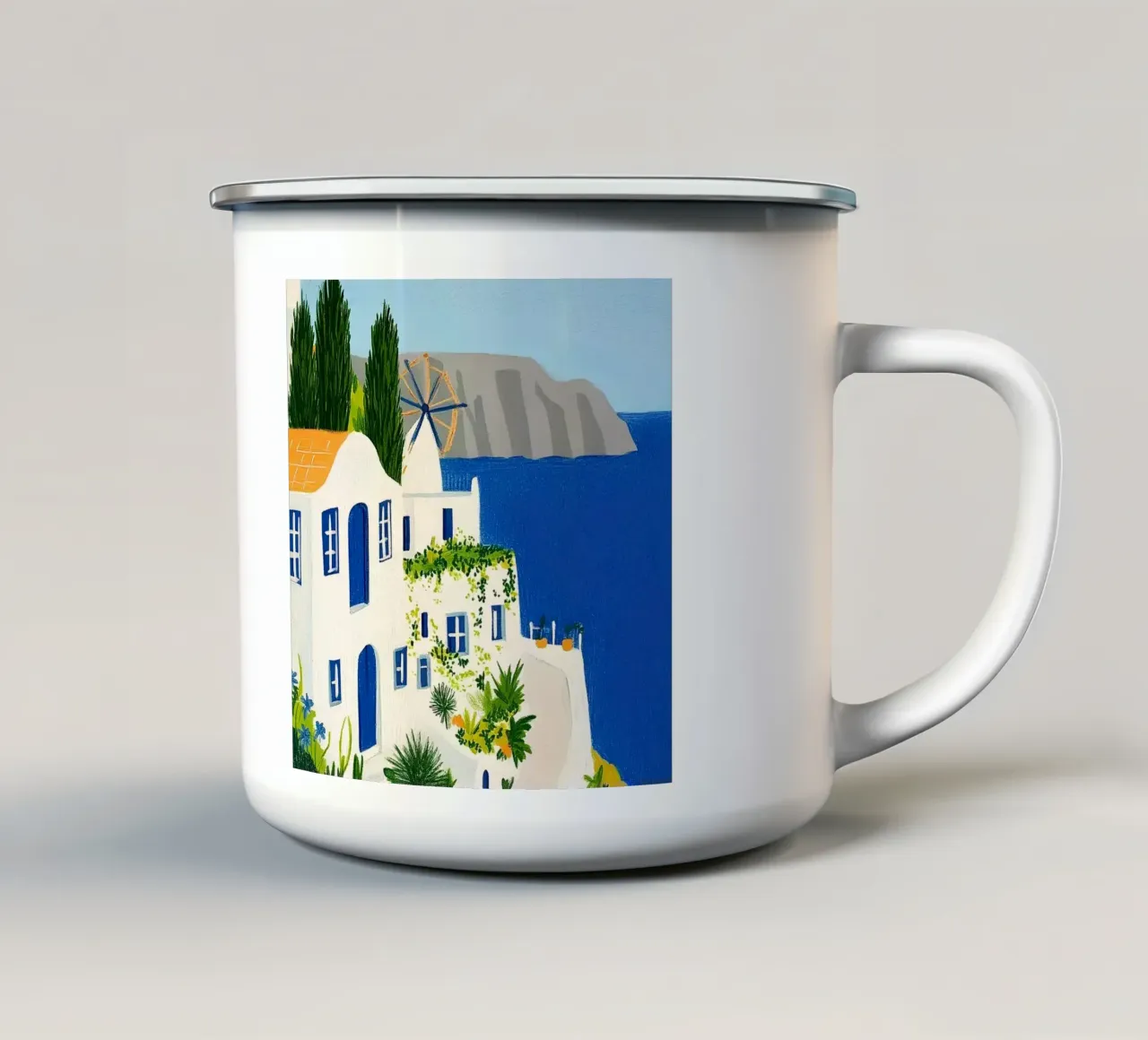 Santorini con fiori gialli tazza in smalto da Curious Canvas