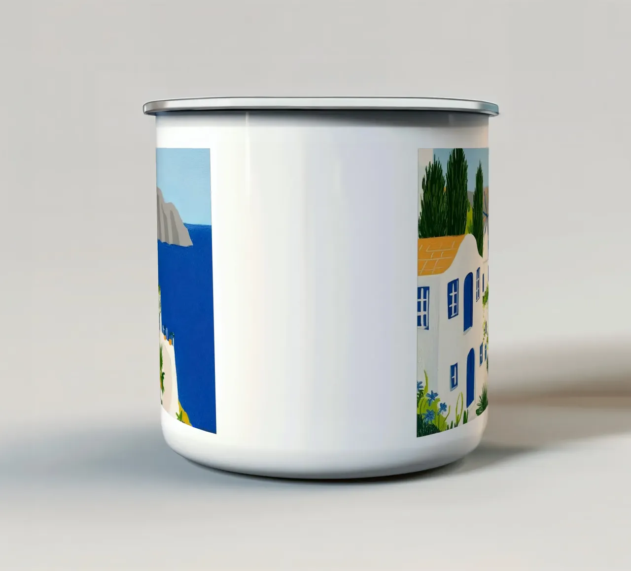 Santorini con fiori gialli tazza in smalto da Curious Canvas