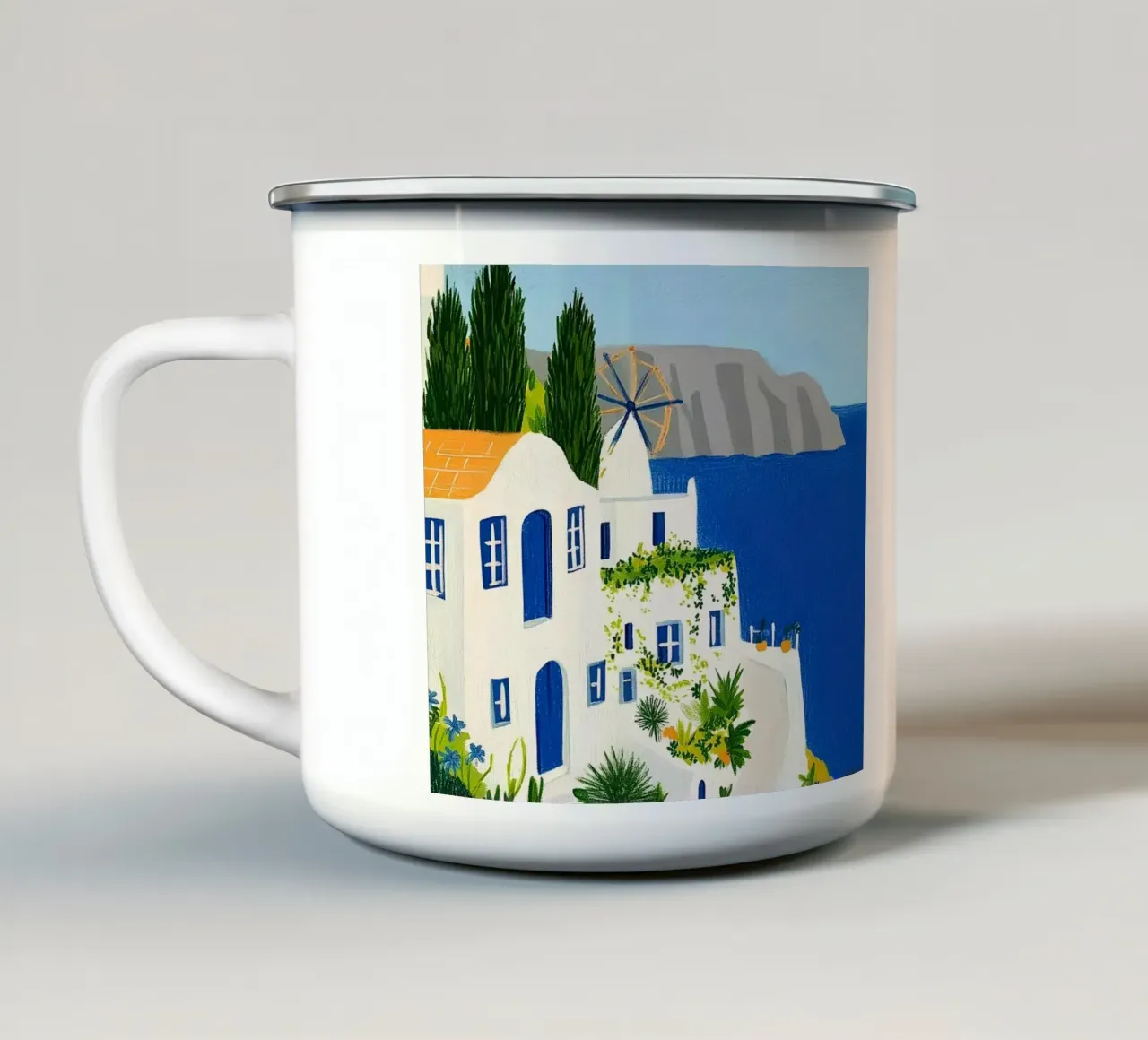 Santorini con fiori gialli tazza in smalto da Curious Canvas