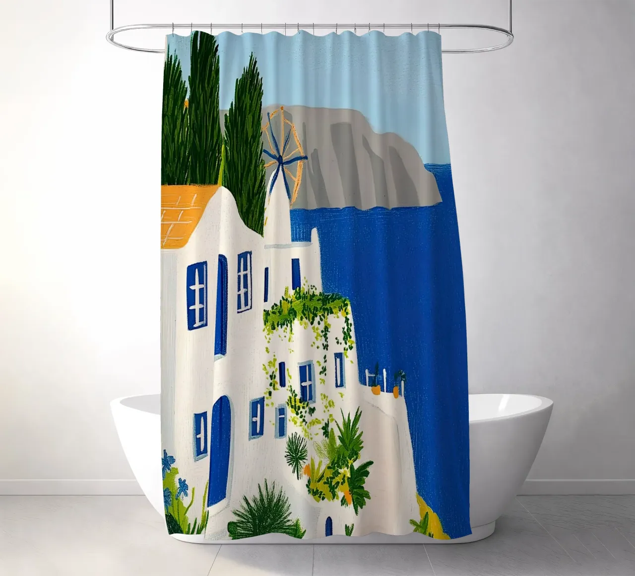 Santorini con fiori gialli tenda da doccia da Curious Canvas