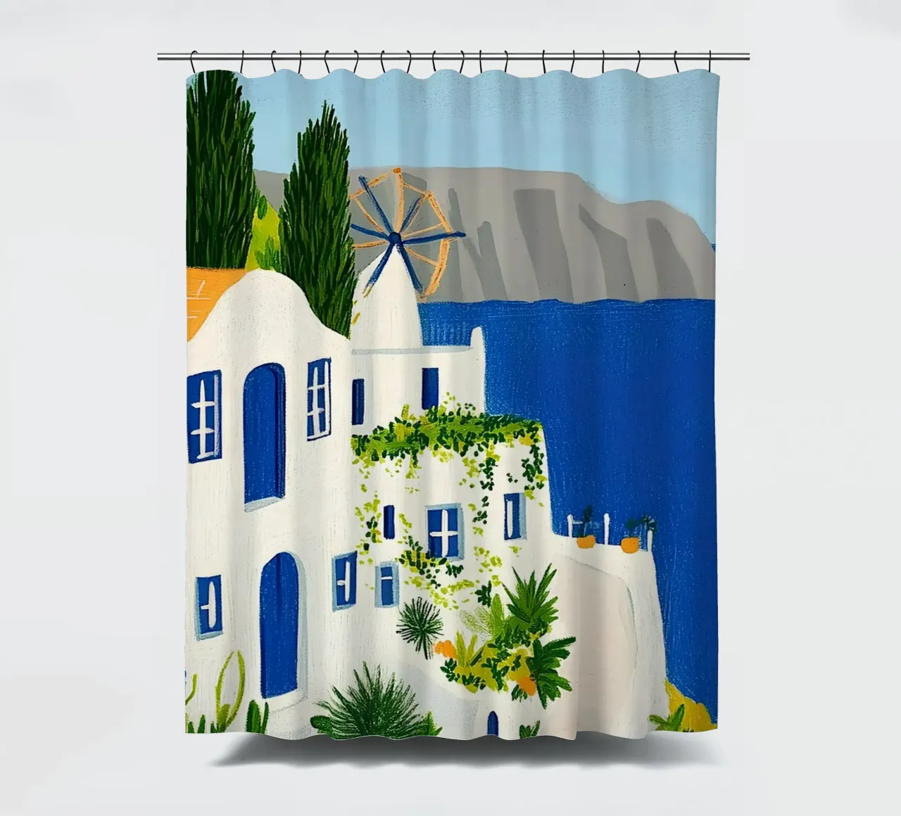 Santorini con fiori gialli tenda da doccia da Curious Canvas