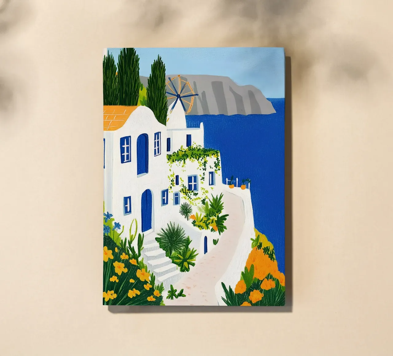 Santorini con fiori gialli diario da Curious Canvas