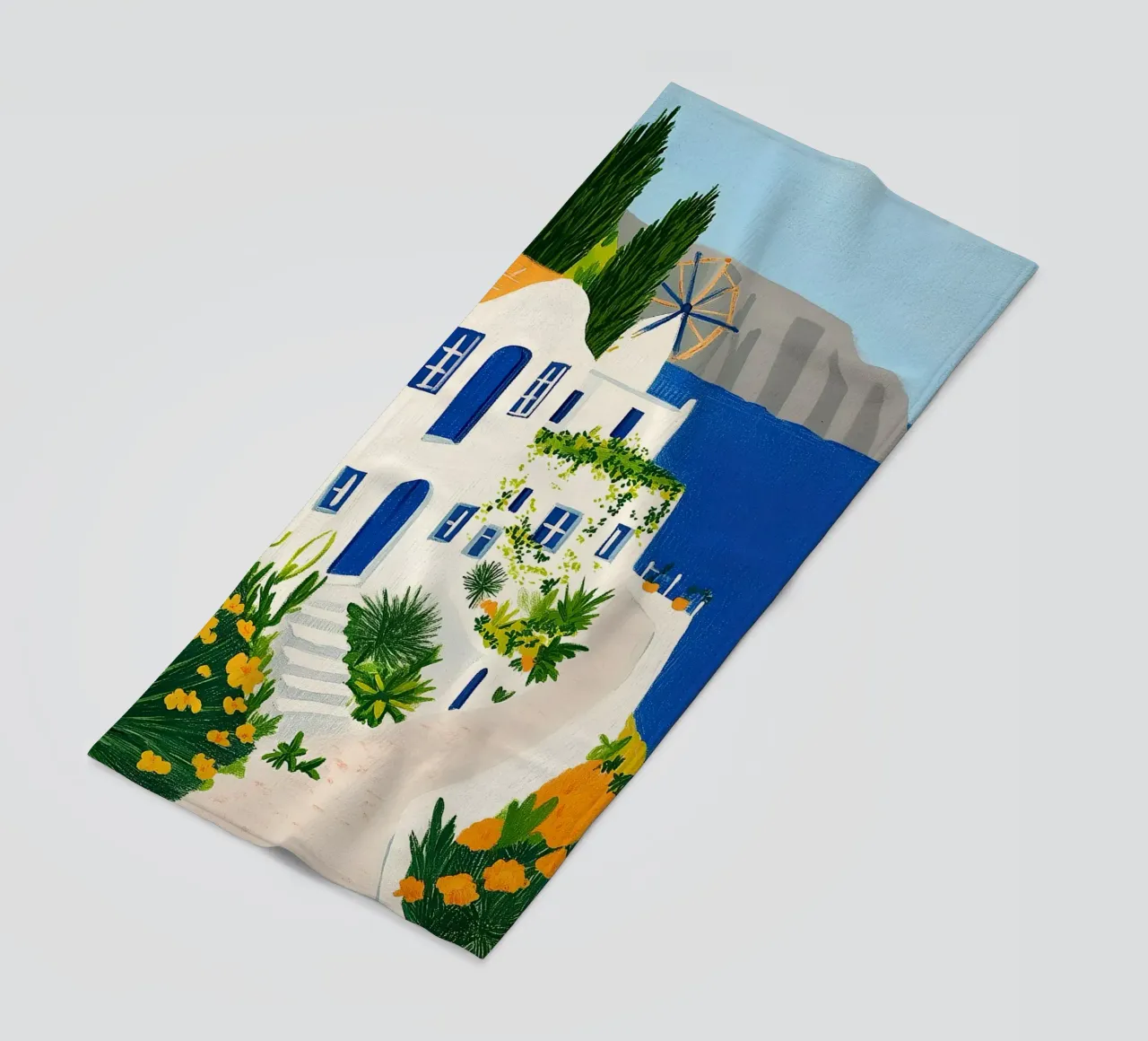 Santorini con fiori gialli telo mare da Curious Canvas
