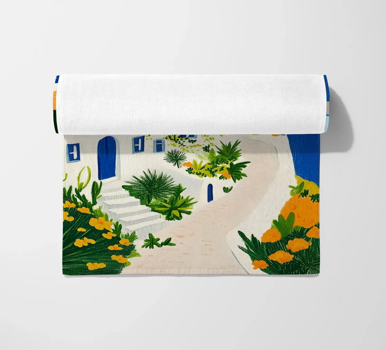 Santorini con fiori gialli telo mare da Curious Canvas