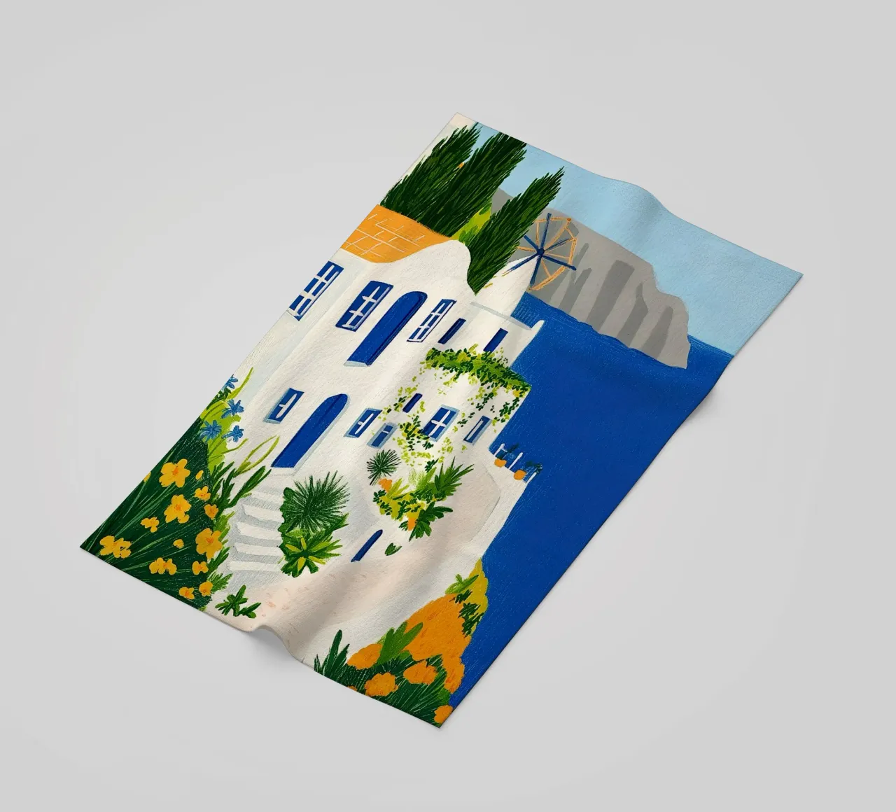 Santorini con fiori gialli telo mare da Curious Canvas