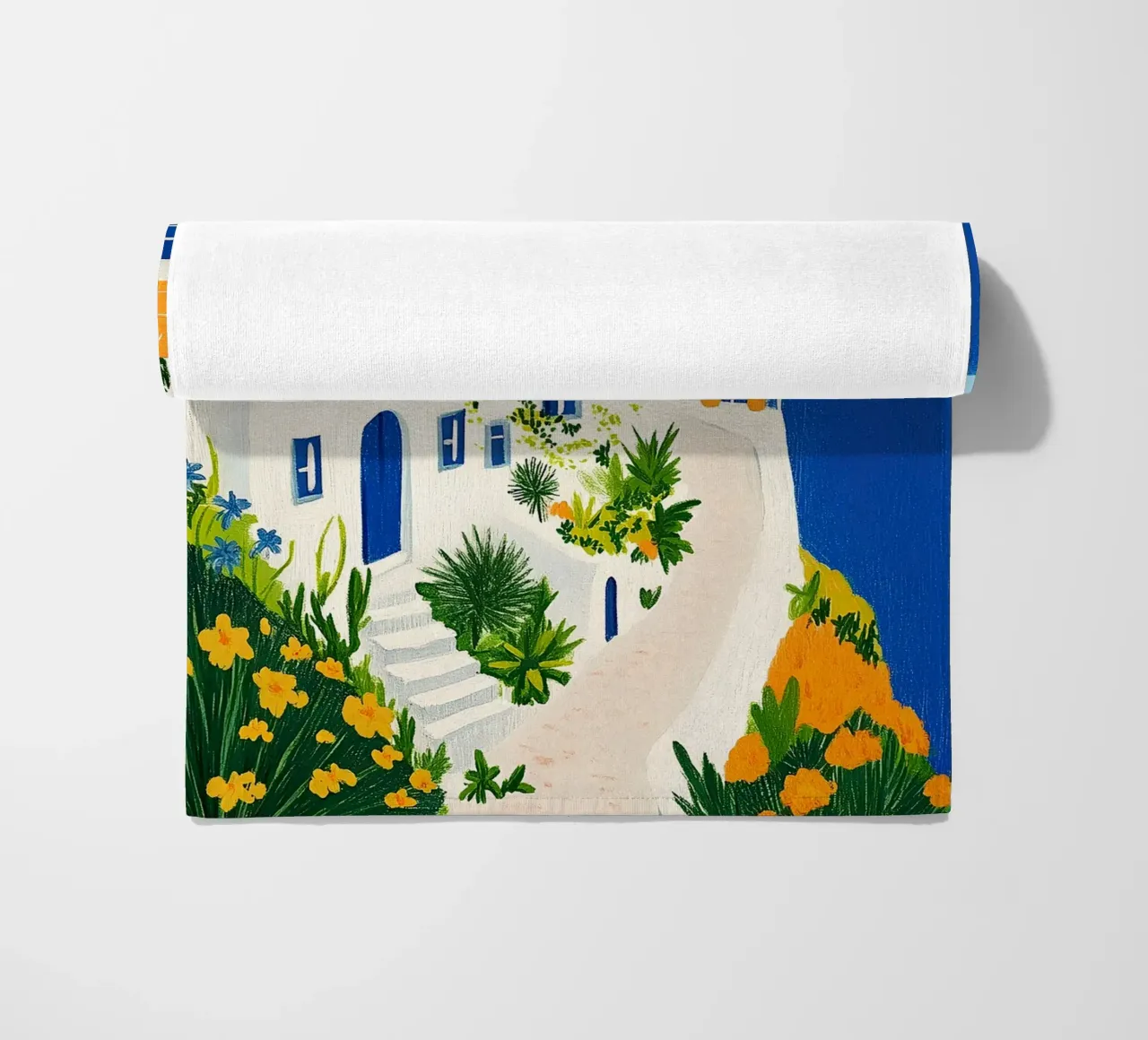 Santorini con fiori gialli telo mare da Curious Canvas