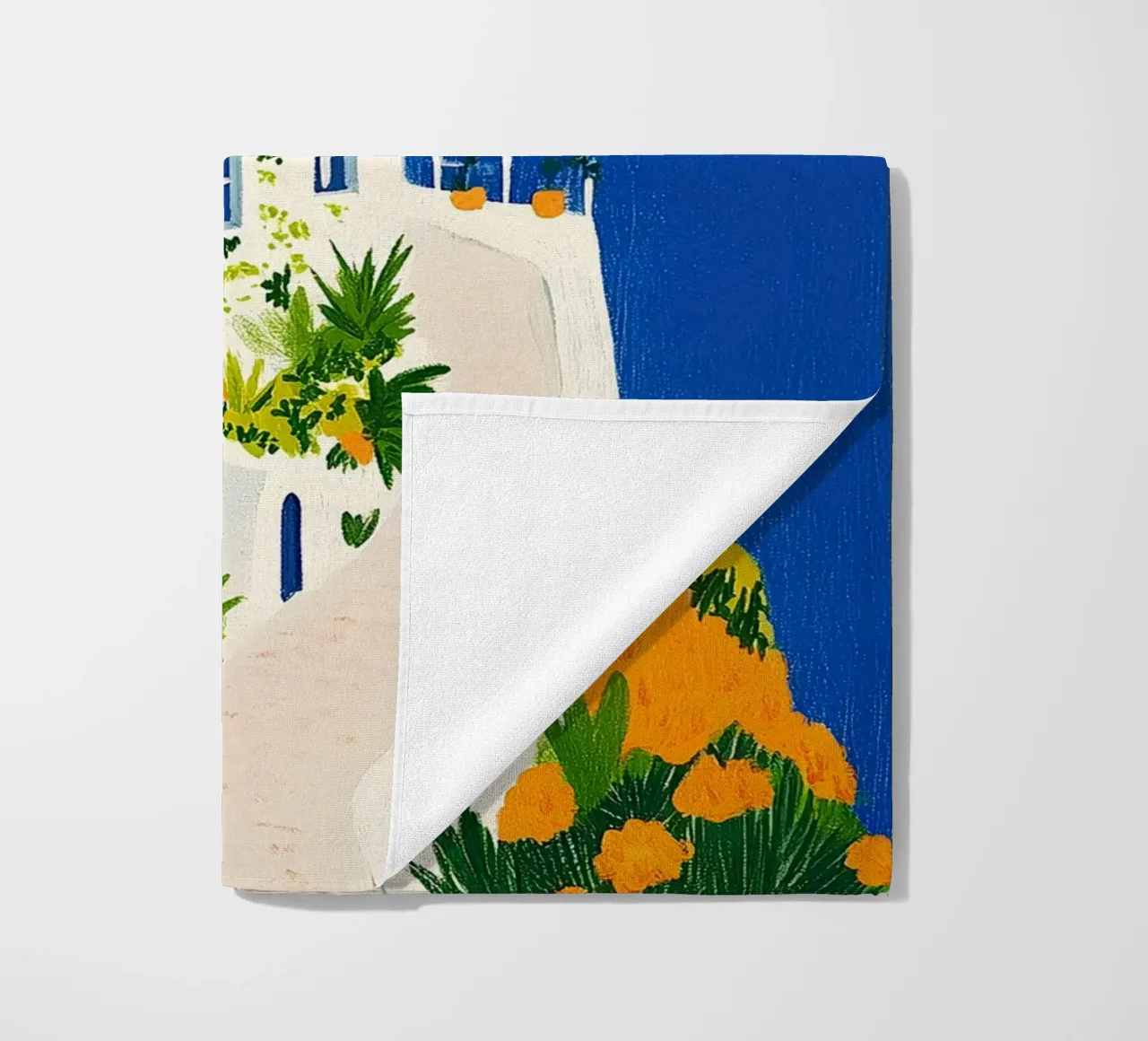 Santorini con fiori gialli telo mare da Curious Canvas