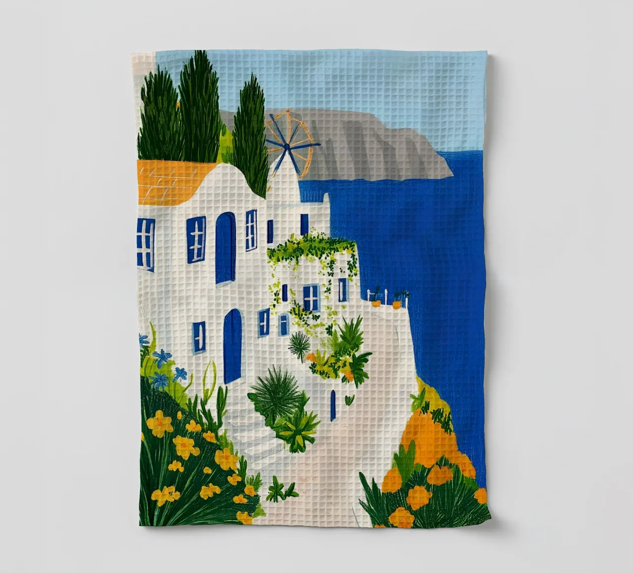 Santorini con fiori gialli canovaccio da cucina da Curious Canvas