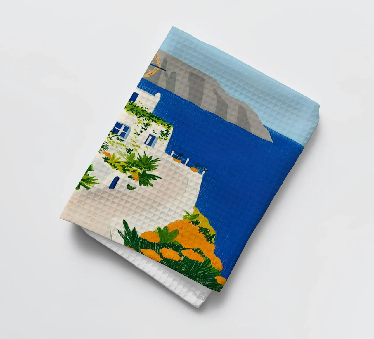 Santorini con fiori gialli canovaccio da cucina da Curious Canvas