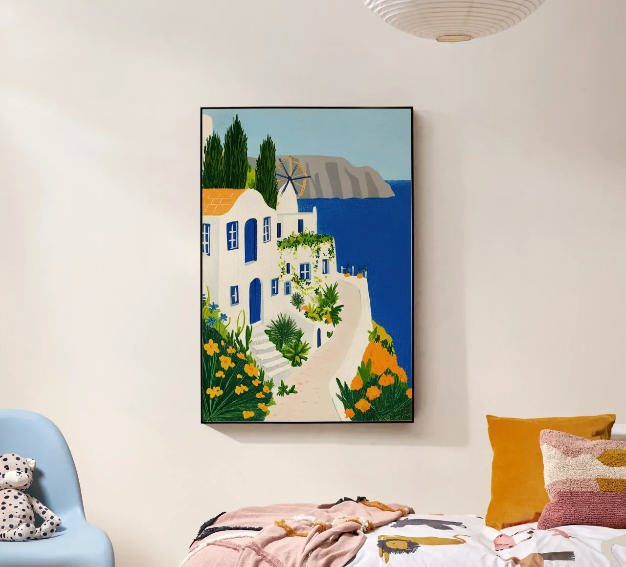 Santorini con fiori gialli plexiglass da Curious Canvas