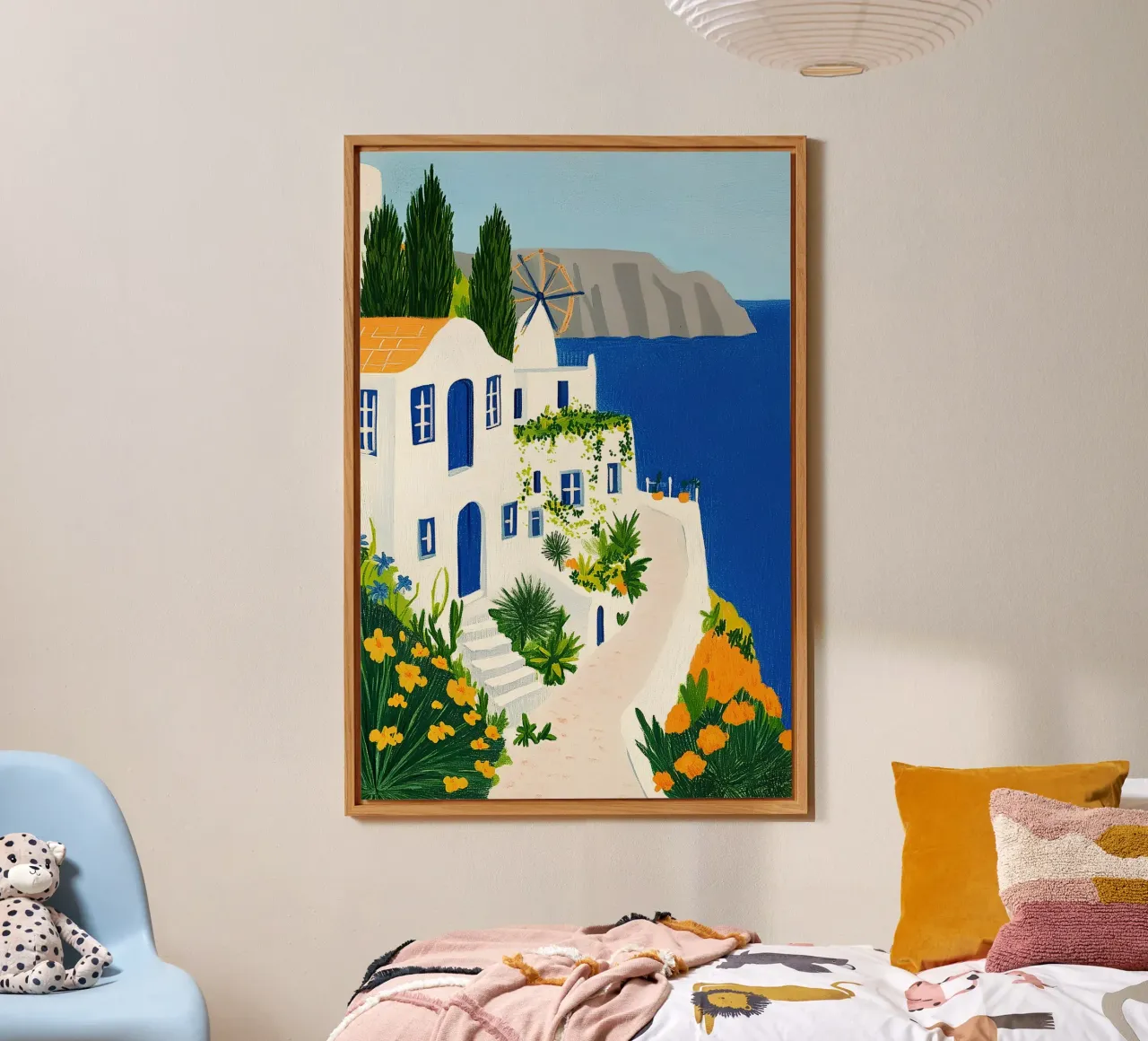 Santorini con fiori gialli alluminio dibond da Curious Canvas