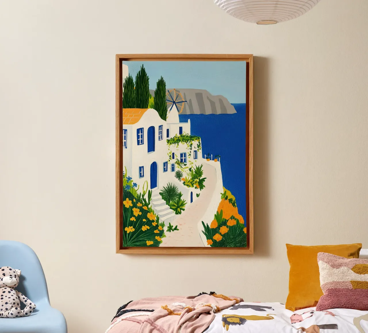 Santorini con fiori gialli tela da Curious Canvas