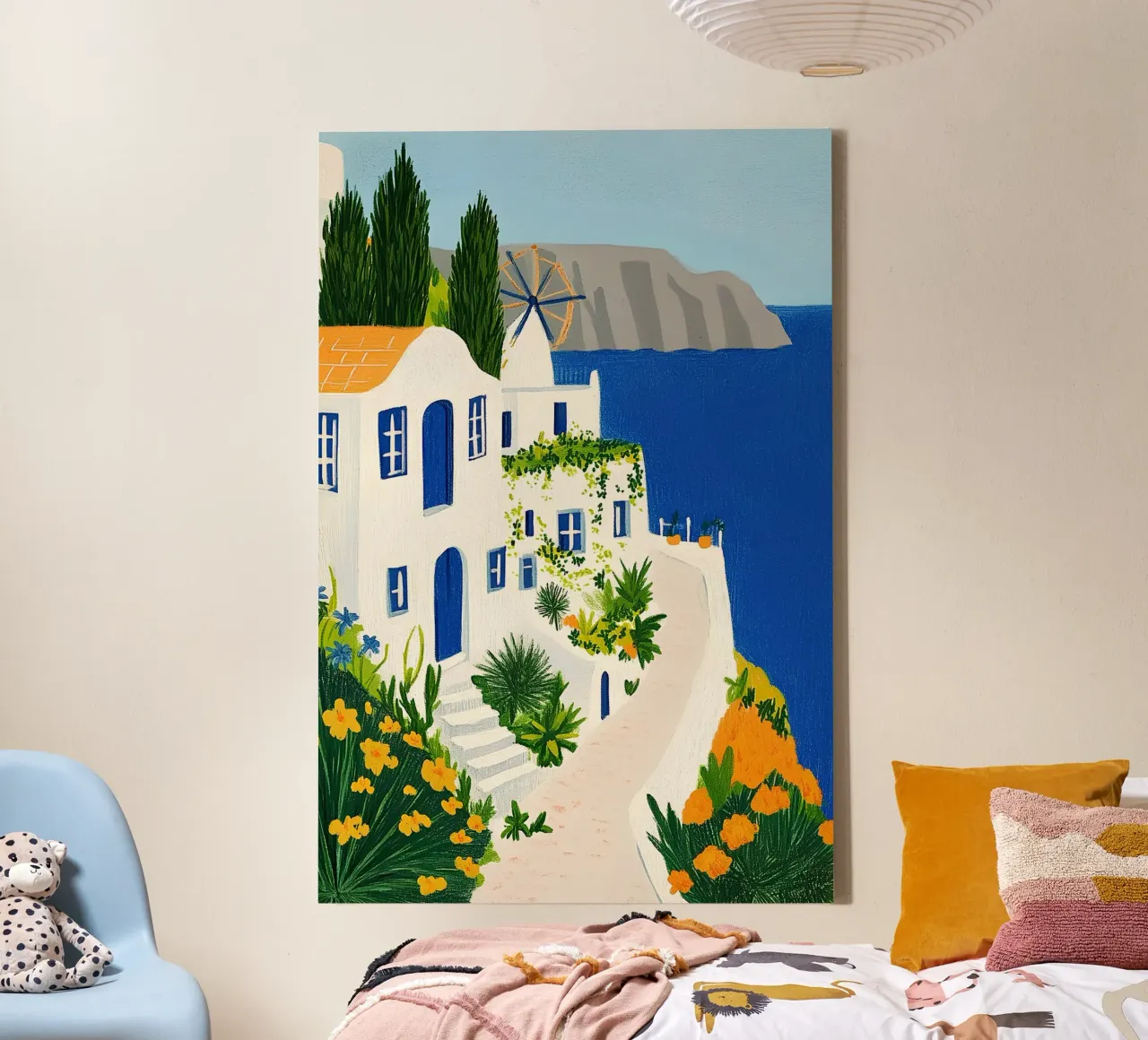 Santorini con fiori gialli tela da Curious Canvas
