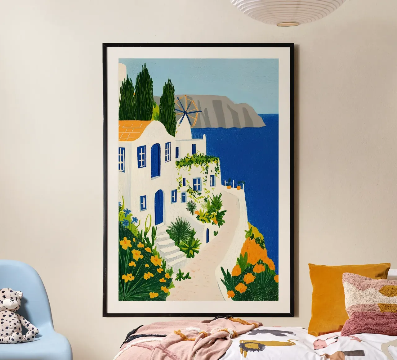 Santorini con fiori gialli carta hahnemühle da Curious Canvas