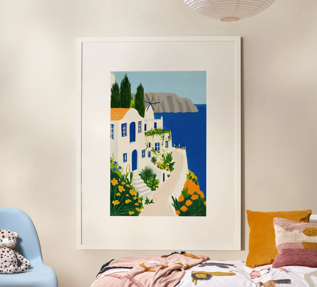 Santorini con fiori gialli carta hahnemühle da Curious Canvas