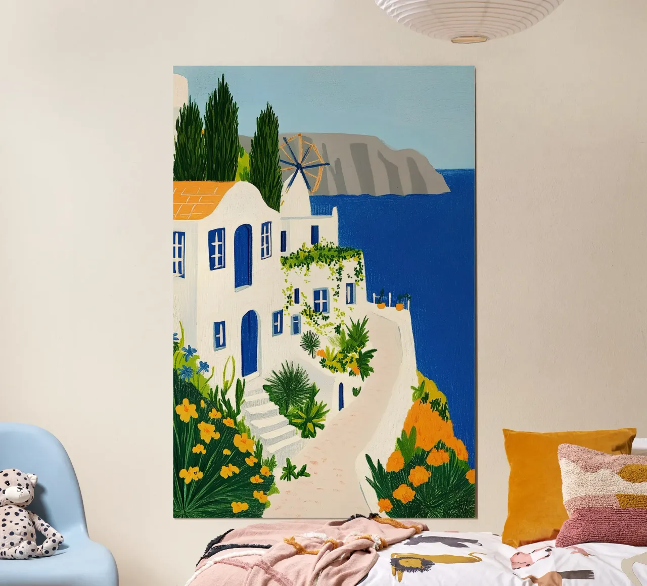 Santorini con fiori gialli carta hahnemühle da Curious Canvas