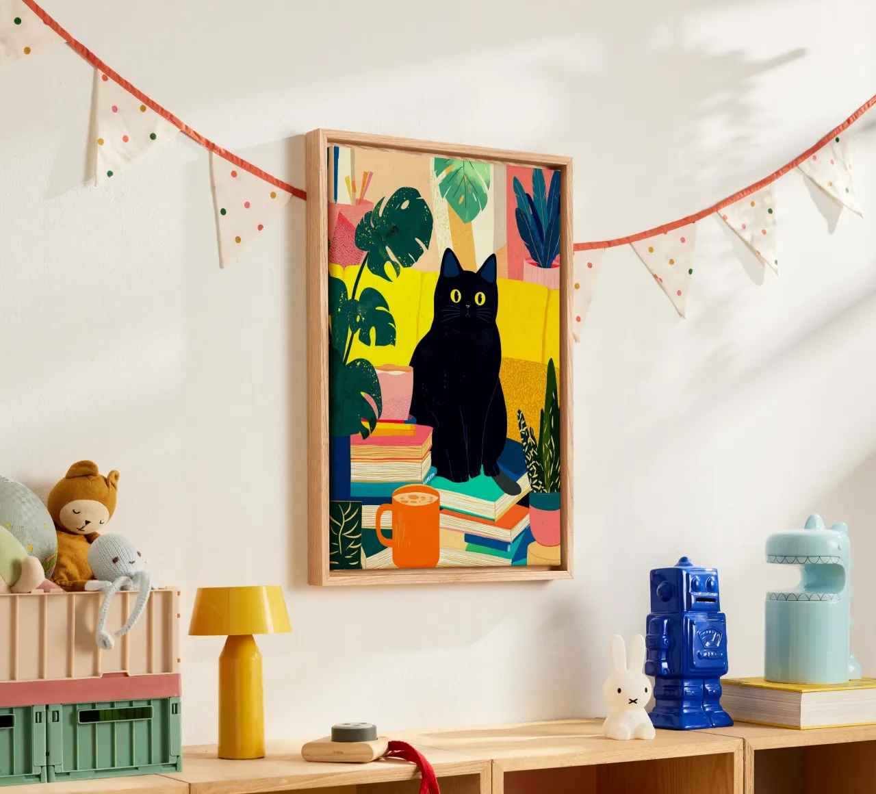 Black Cat on Bookshelf Bohemian Art canvas by dawnthesea