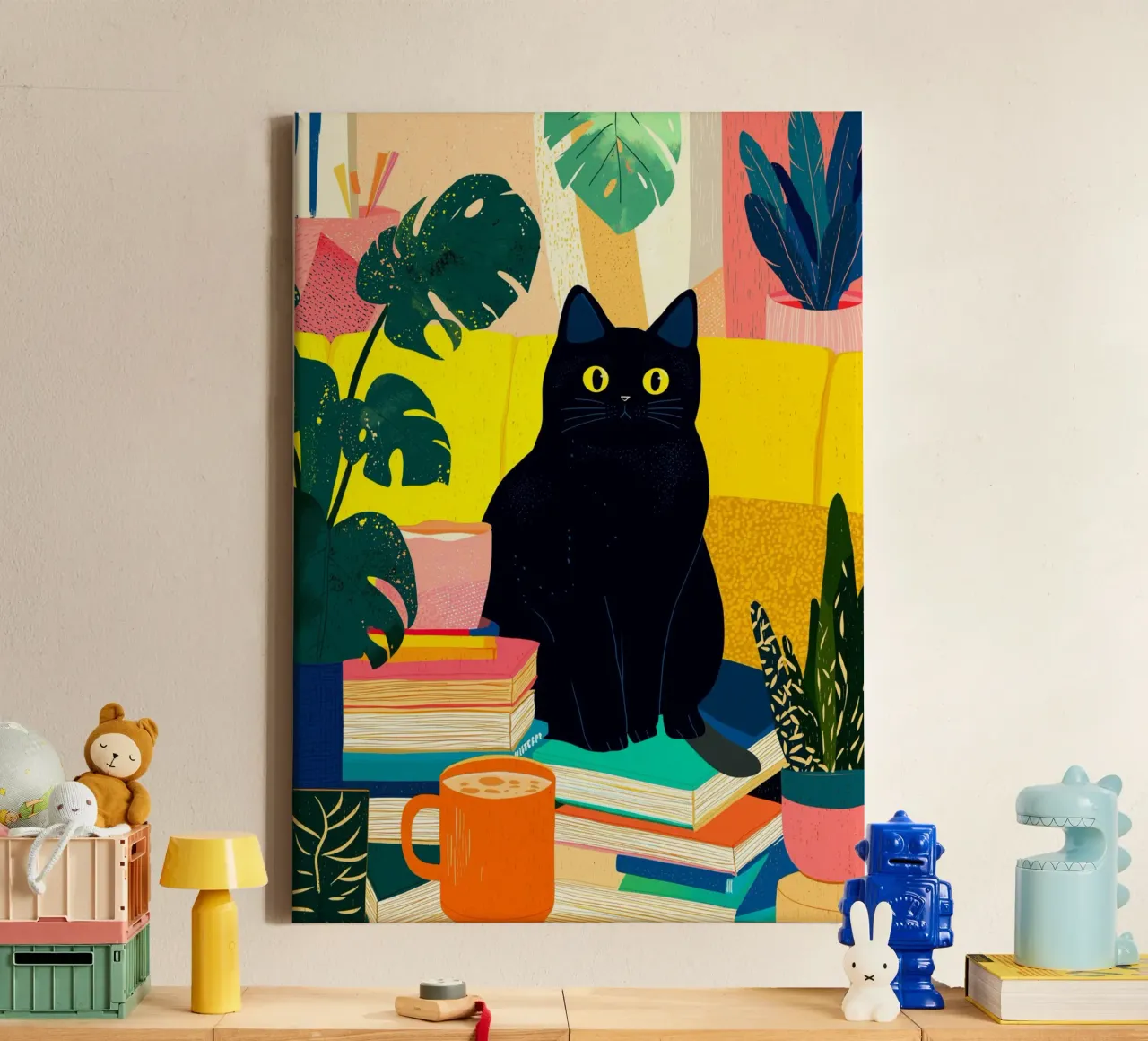 Black Cat on Bookshelf Bohemian Art canvas by dawnthesea
