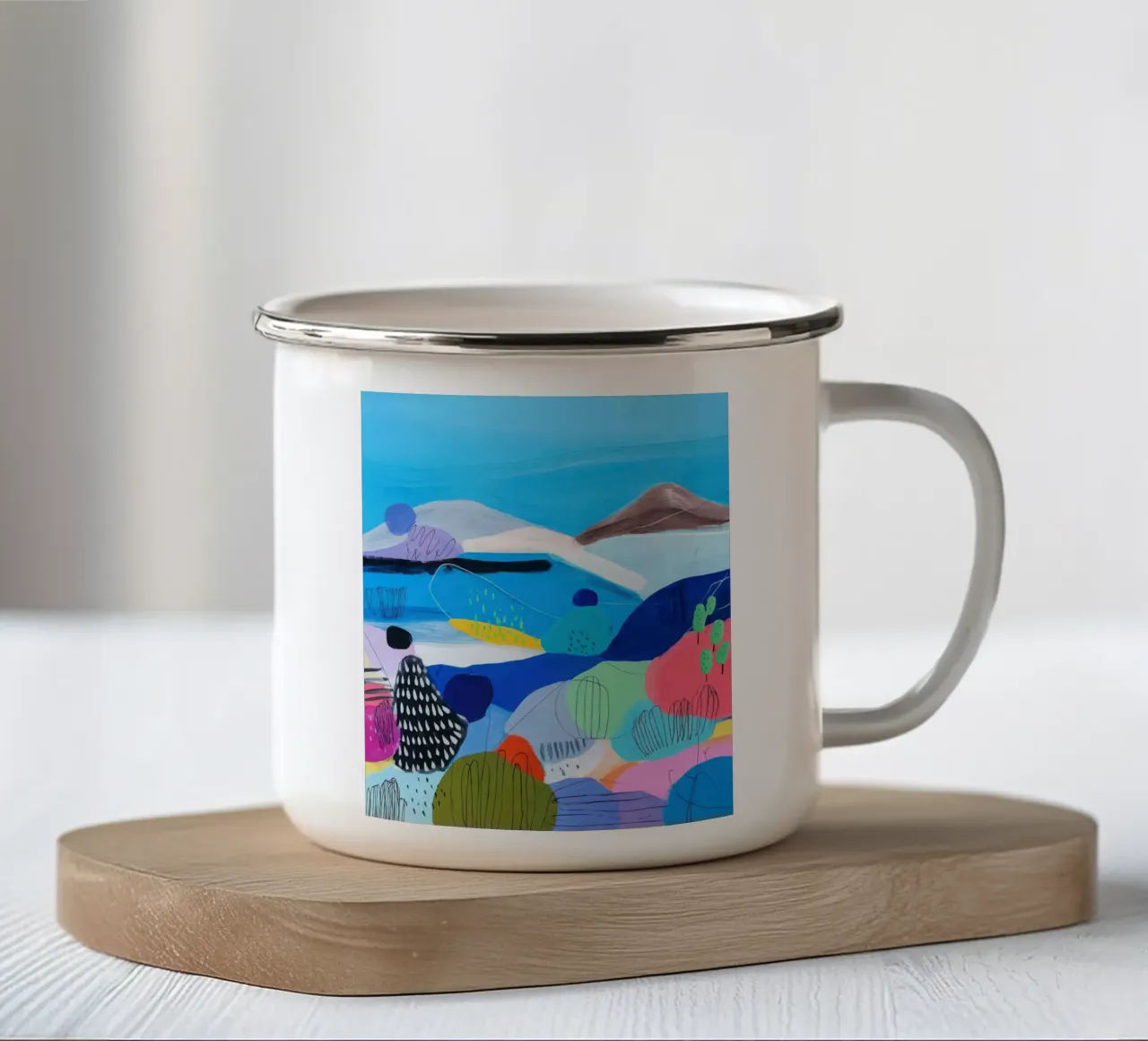 Levendig Abstract Landschap Muurkunst met Kleurrijke Heuvels emaille mok van Artbyvo