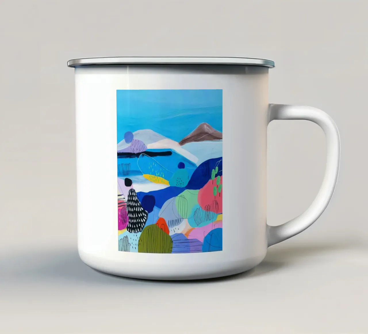 Levendig Abstract Landschap Muurkunst met Kleurrijke Heuvels emaille mok van Artbyvo