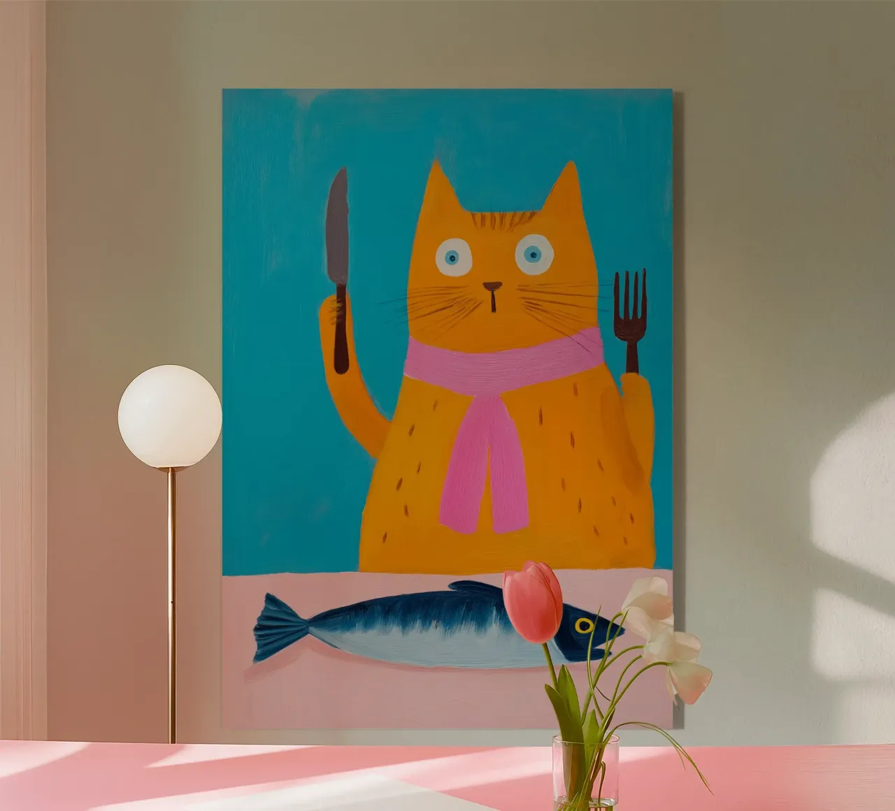 Gatto affamato cena a base di pesce Pop Art plexiglass da dawnthesea