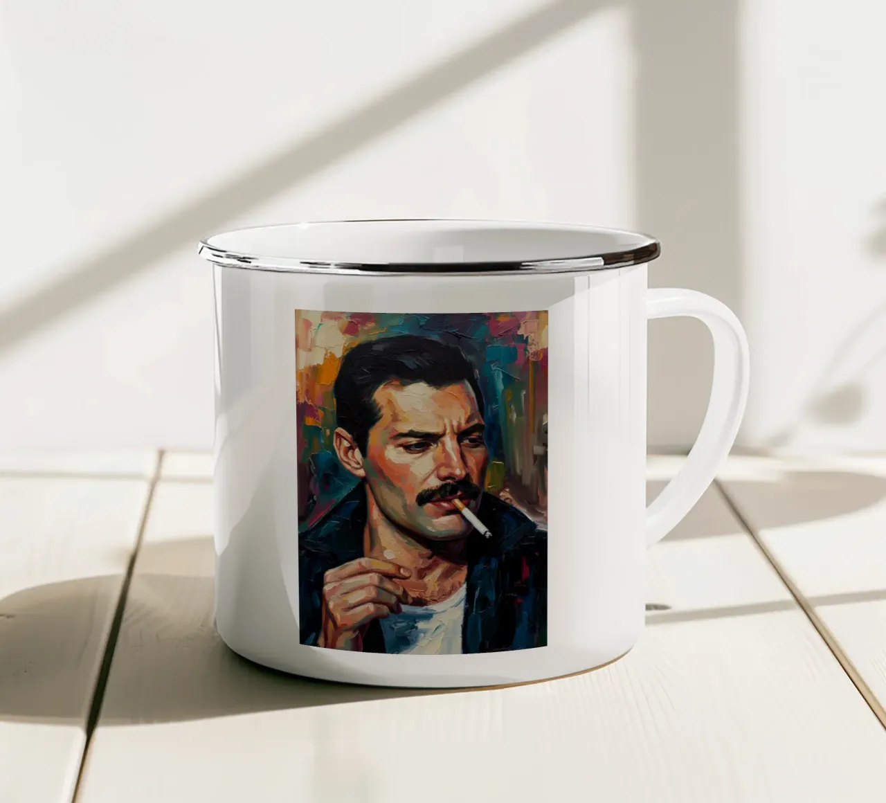 Freddie Mercury che fuma tazza in smalto da Lembayung art