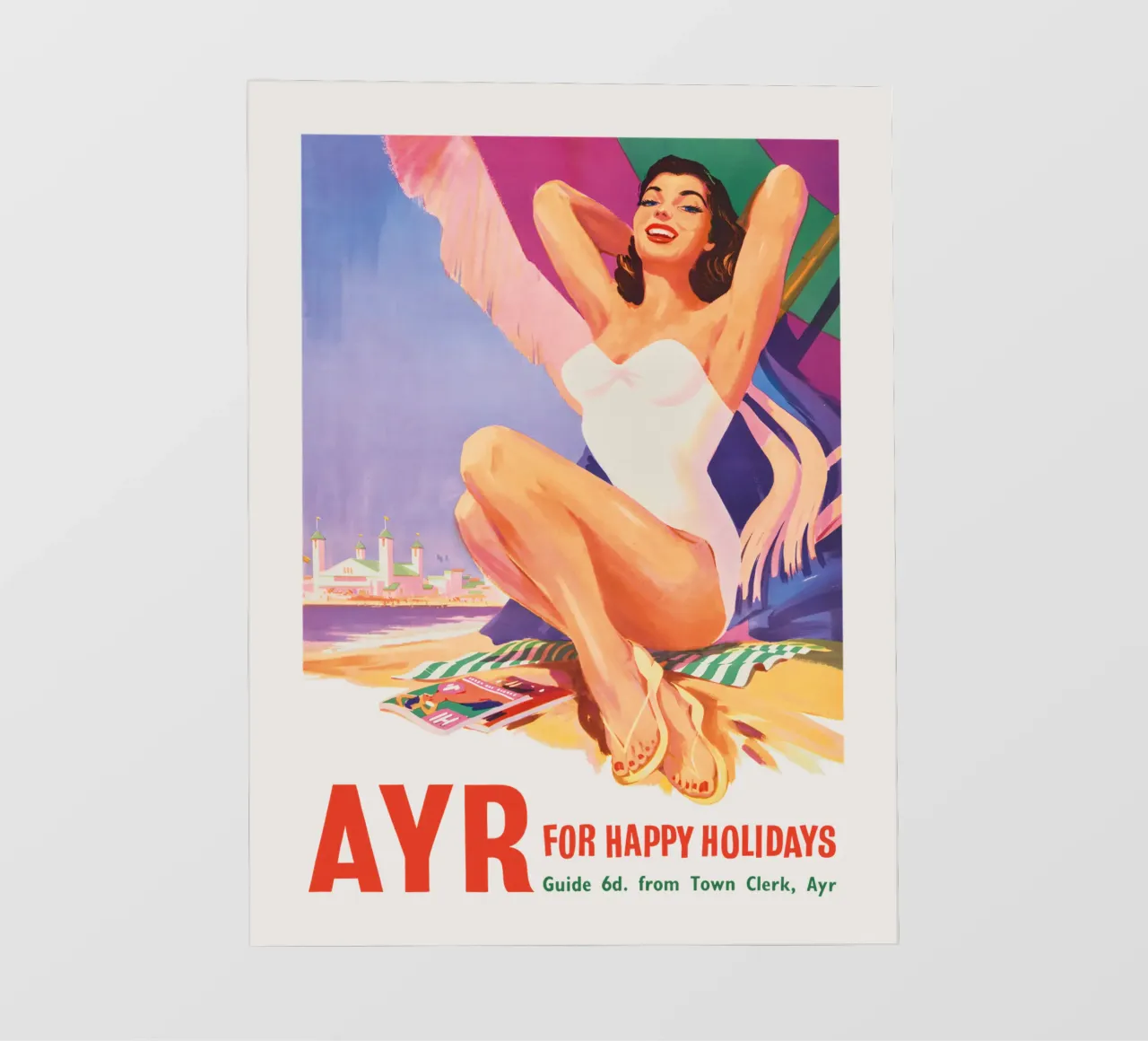 Poster di viaggio britannico d'epoca con ragazza pin-up pellicola backlit da Vintagrafica