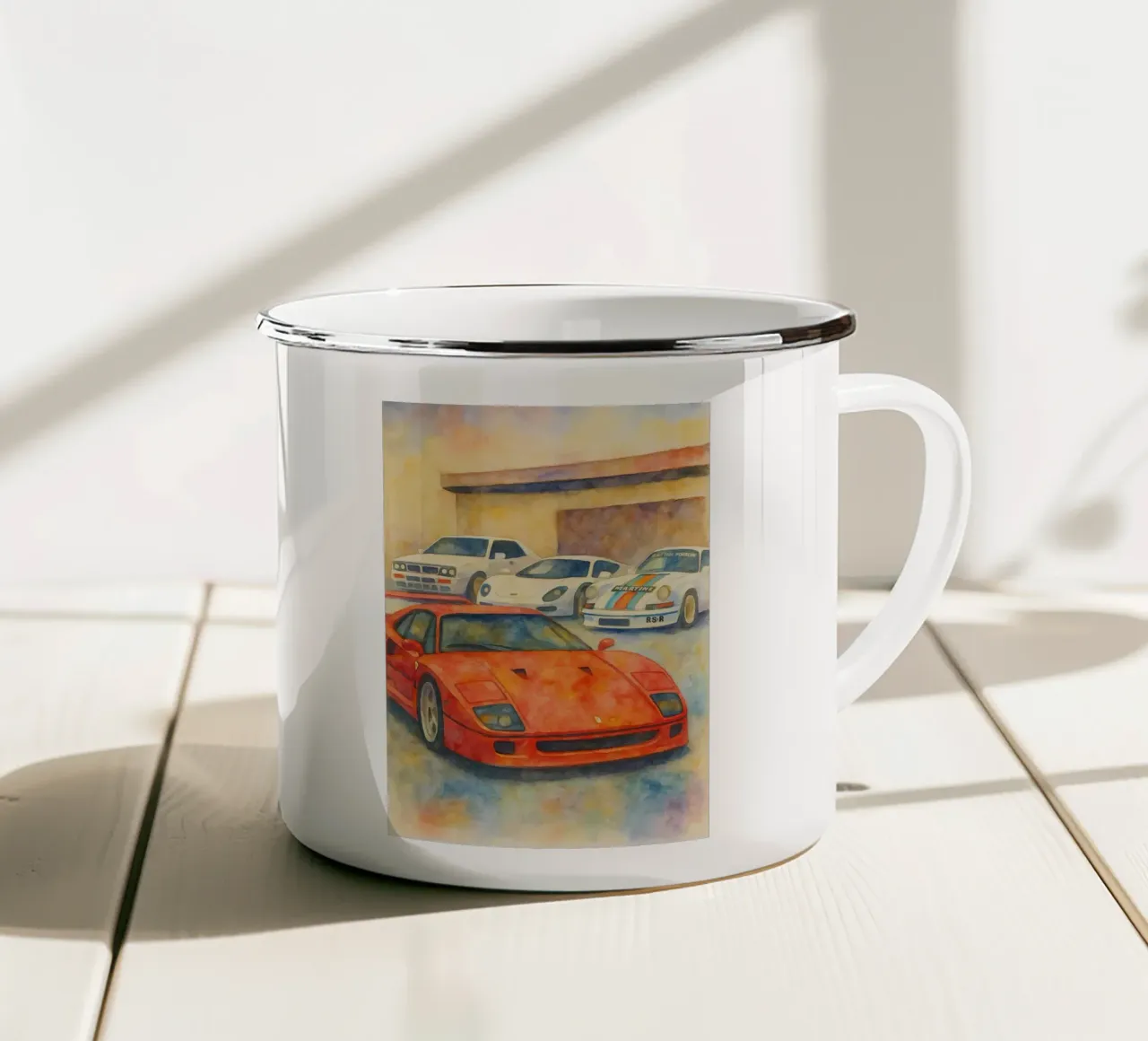 disegno di auto d'epoca tazza in smalto da orchida