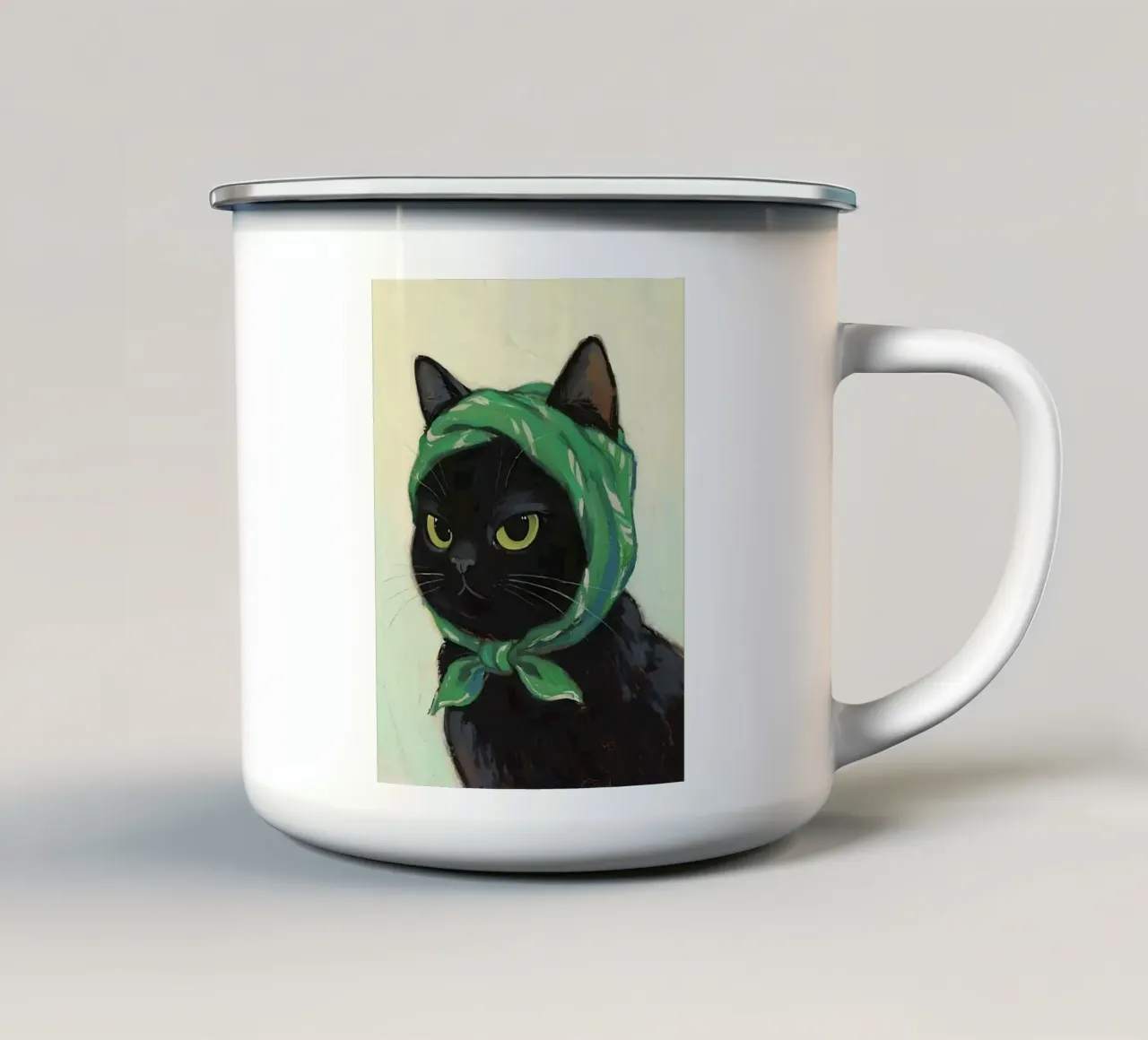 black cat with green bib tazza in smalto da Keyn