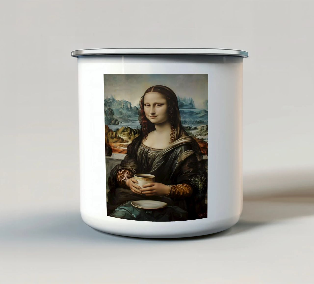 Pausa caffè al Louvre tazza in smalto da M-Ulrich-Digital Art