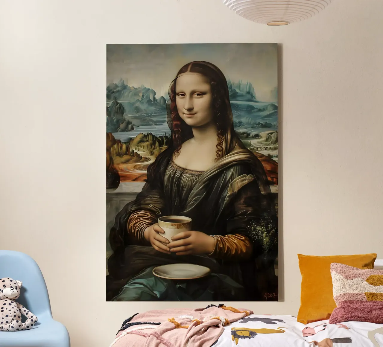 Kaffeepause im Louvre Leinwand mit Schattenfugenrahmen von M-Ulrich-Digital Art