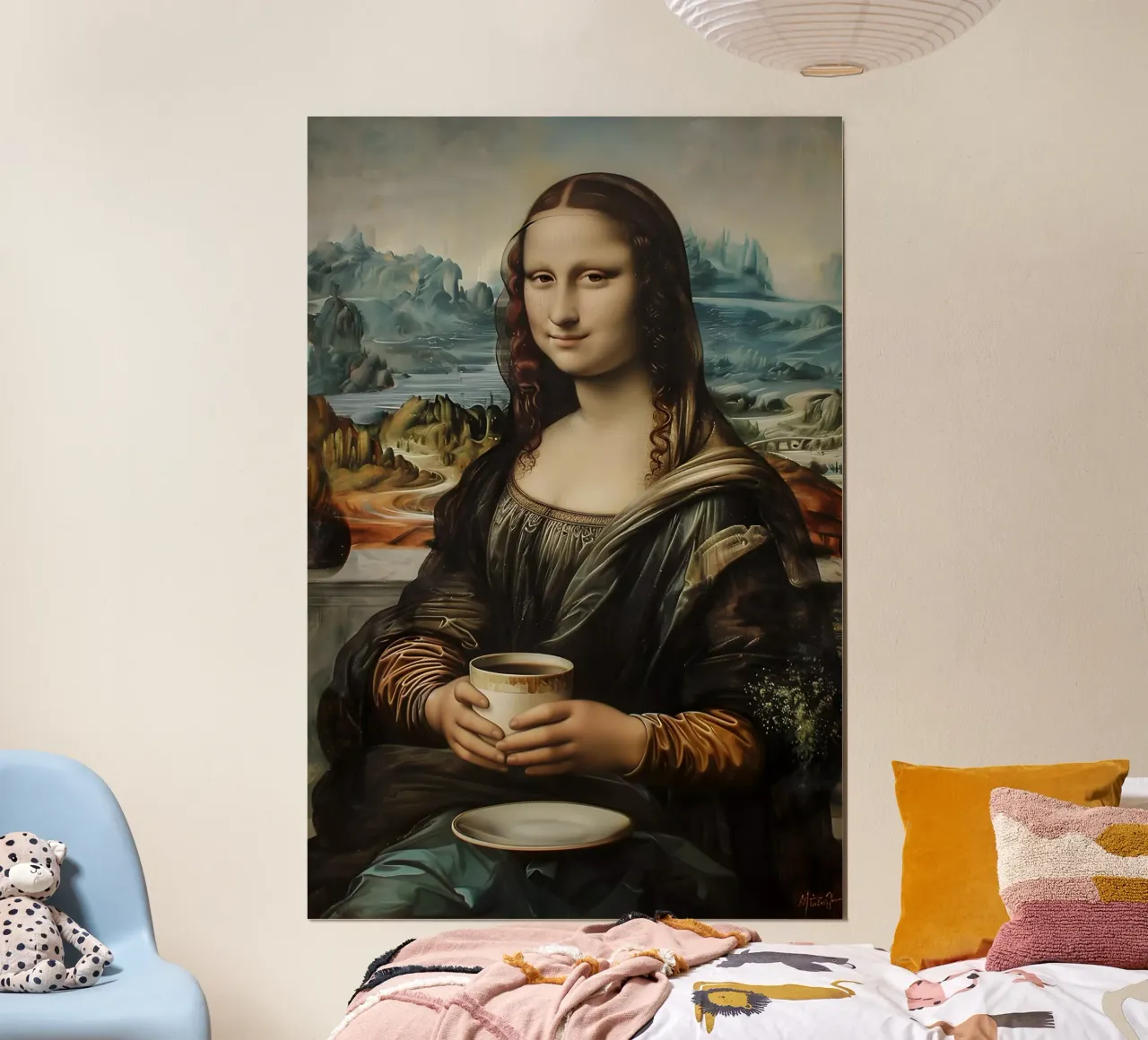 Pausa caffè al Louvre poster con telaio in legno da M-Ulrich-Digital Art