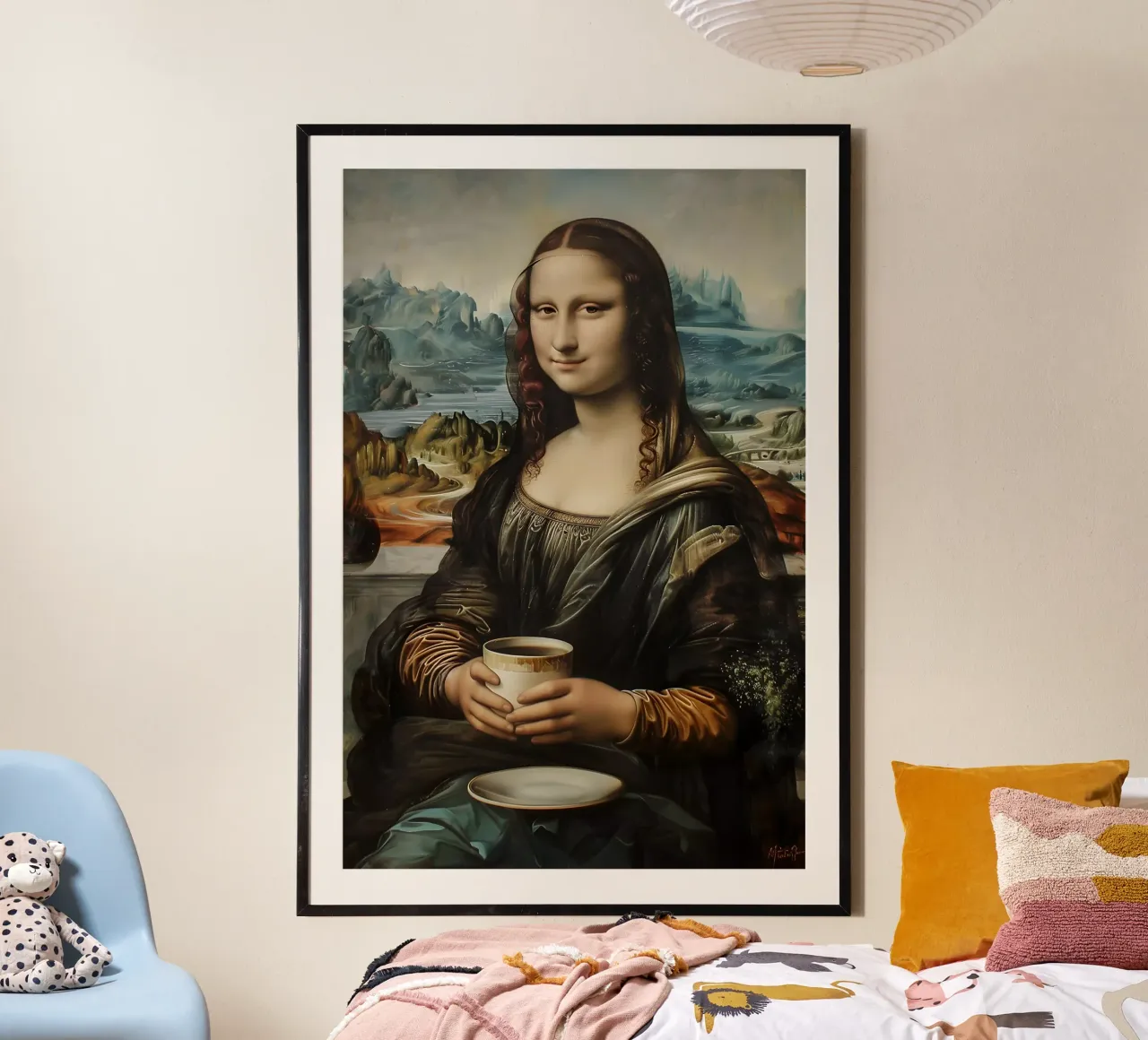 Pausa caffè al Louvre poster con telaio in legno da M-Ulrich-Digital Art