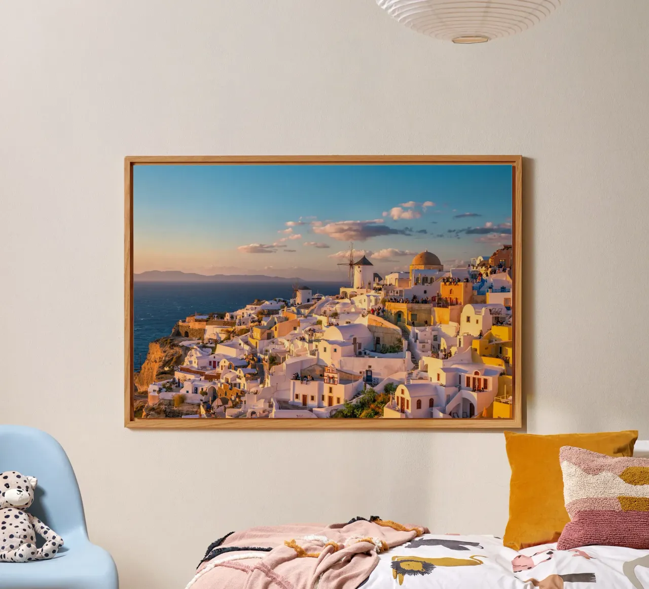 Luce dorata sui mulini a vento e sulla cupola, Oia, Grecia alluminio dibond da Wanderlust Vibes
