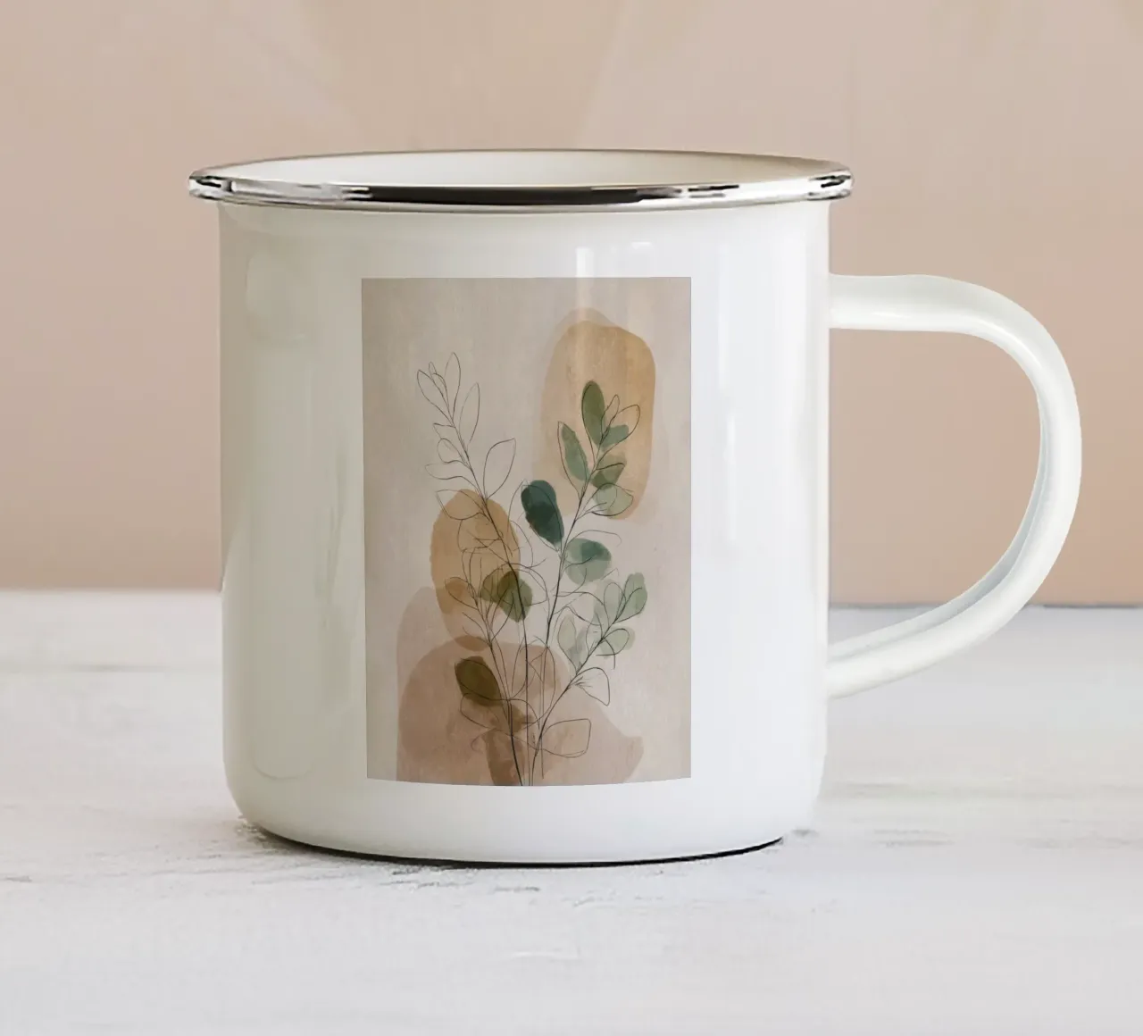 Fiori e foglie astratti in tonalità neutre tazza in smalto da Artbyvo