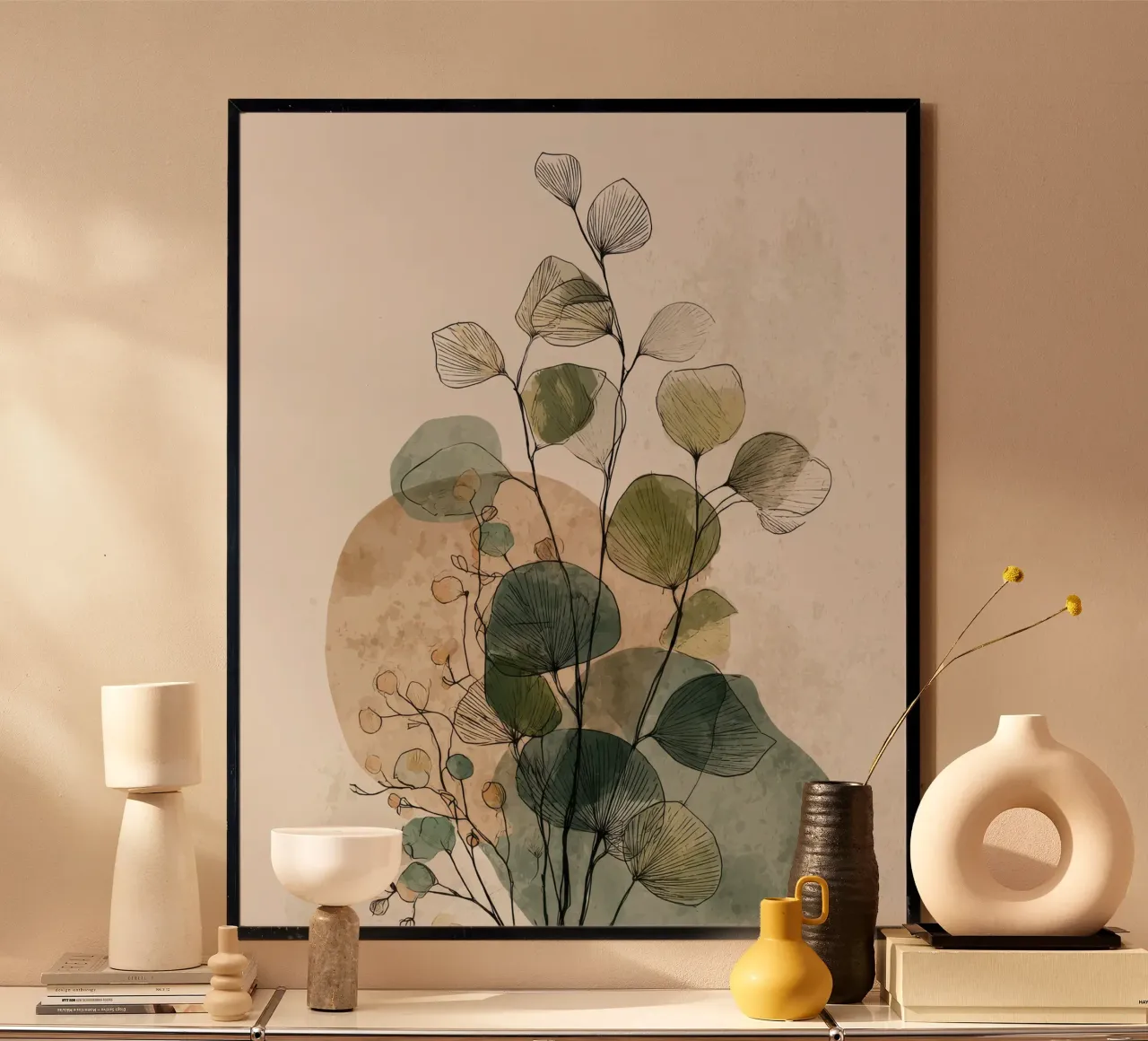 Abstract botanical wall art with green flowers poster by Artbyvo