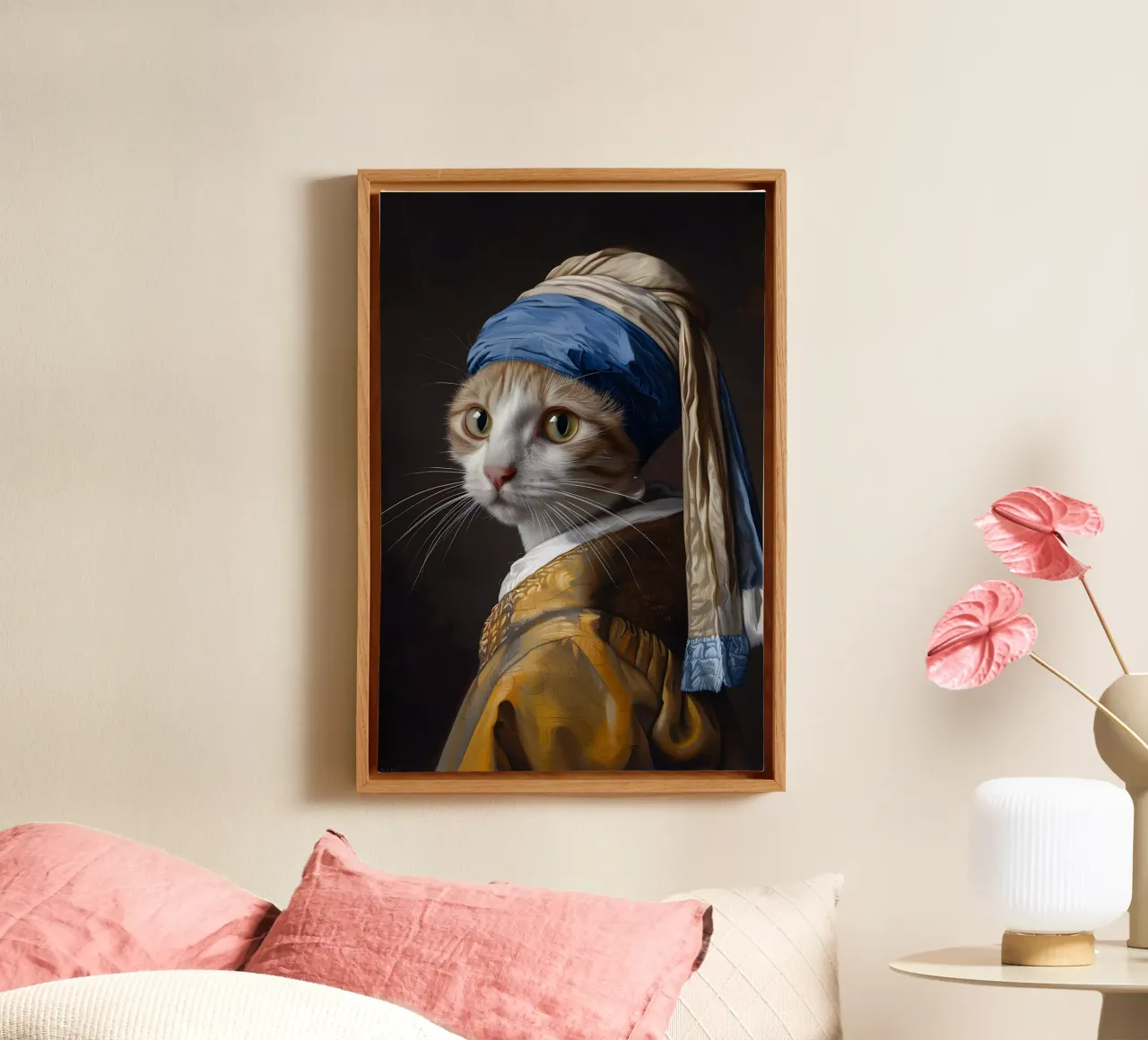 De kat met de pareloorbellen canvas met Baklijst van M-Ulrich-Digital Art