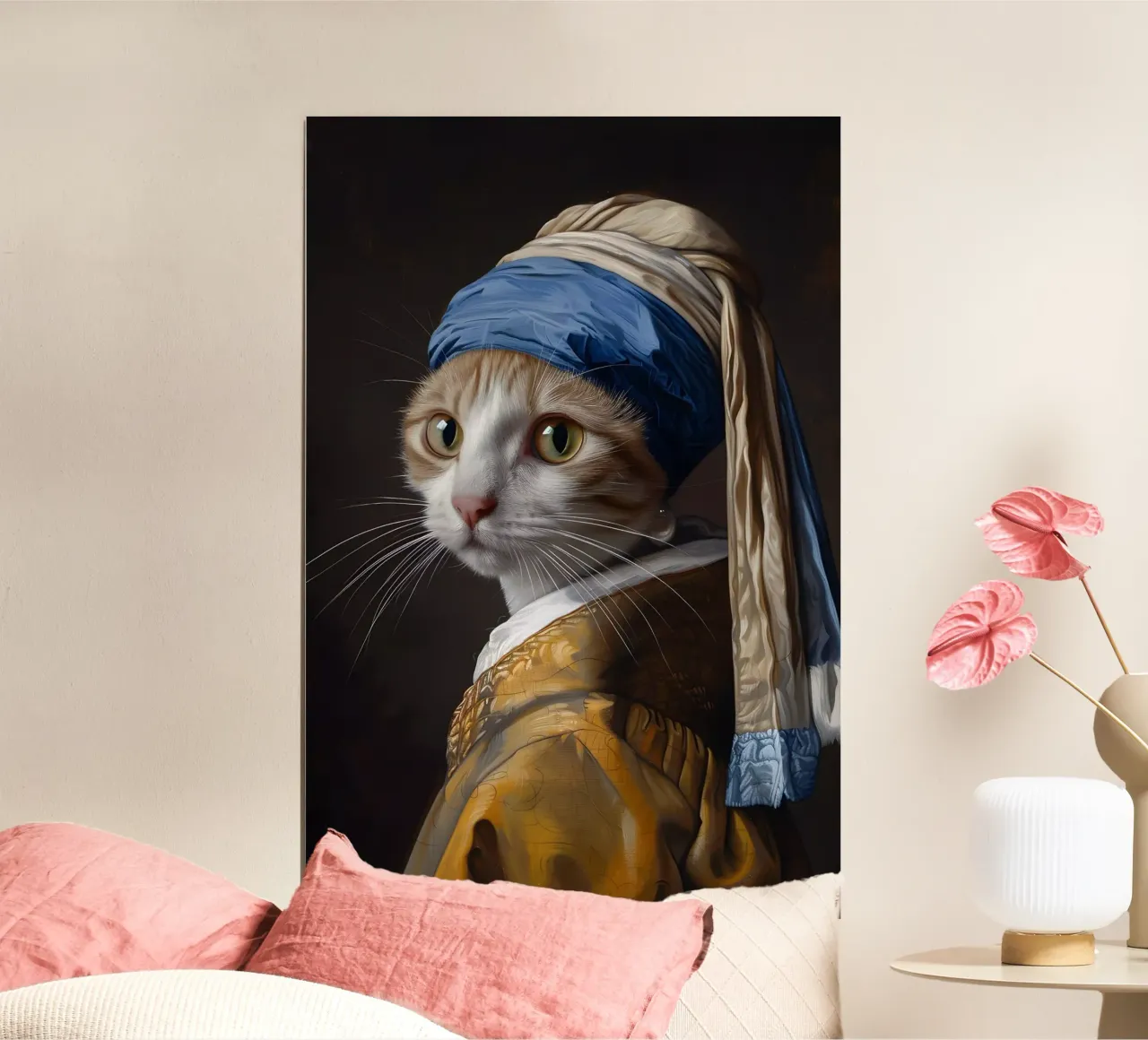 Il gatto con gli orecchini di perle poster con telaio in alluminio da M-Ulrich-Digital Art