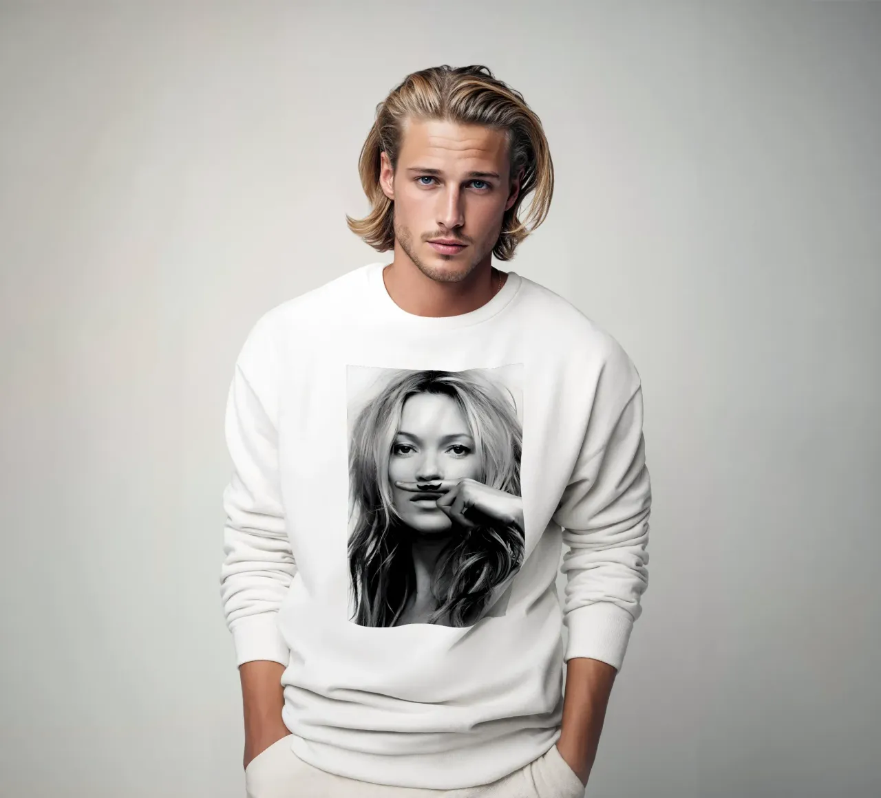 Kate Moss con i baffi felpa da vintage