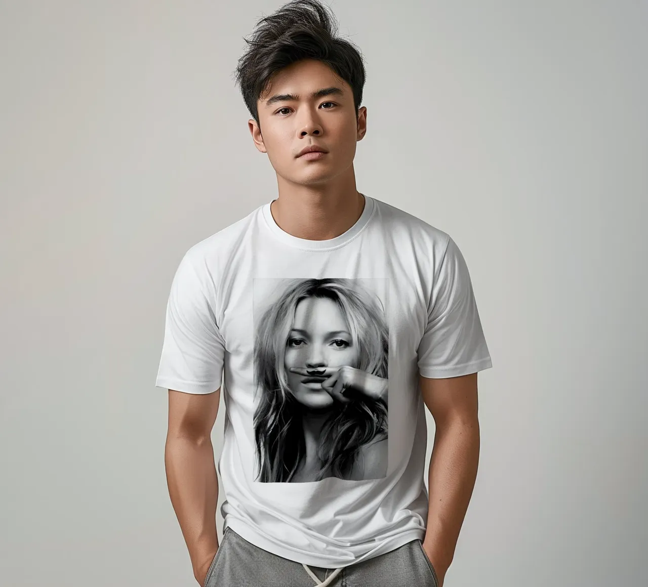 Kate Moss con i baffi t-shirt da vintage