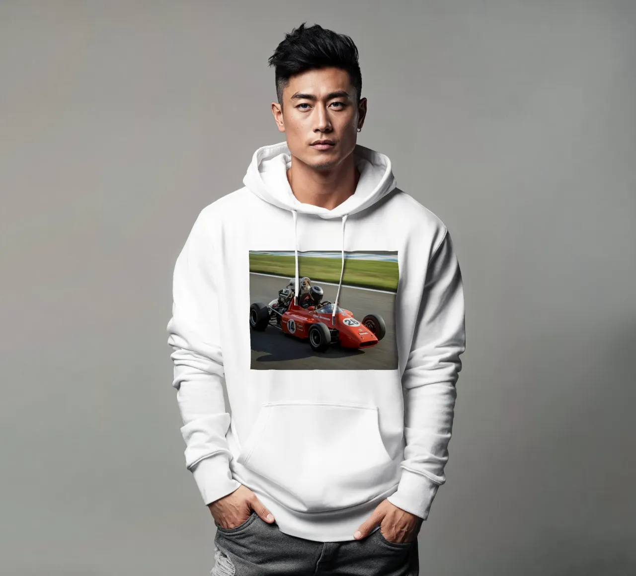 Auto da corsa di Formula rossa in pista felpa con cappuccio da DesignDoodle