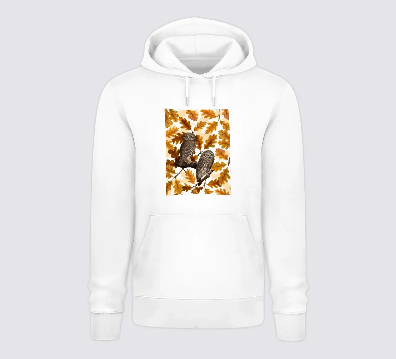 Gufi autunnali su cotone bianco felpa con cappuccio da Painted Nature