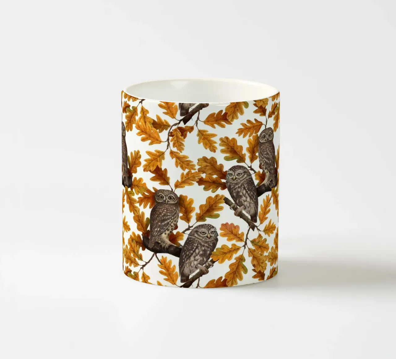 Gufi autunnali su cotone bianco tazza in ceramica da Painted Nature