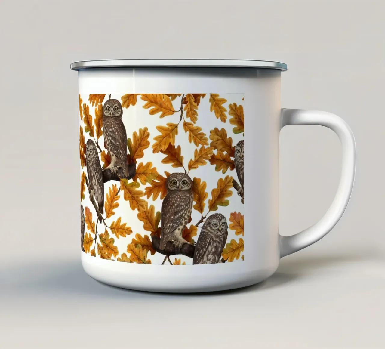 Gufi autunnali su cotone bianco tazza in smalto da Painted Nature