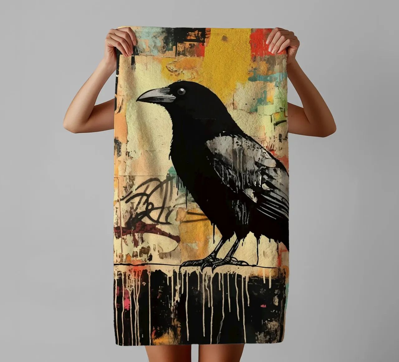 Raven on an abstract graffiti background towel by pixelbull - medieval art and more
