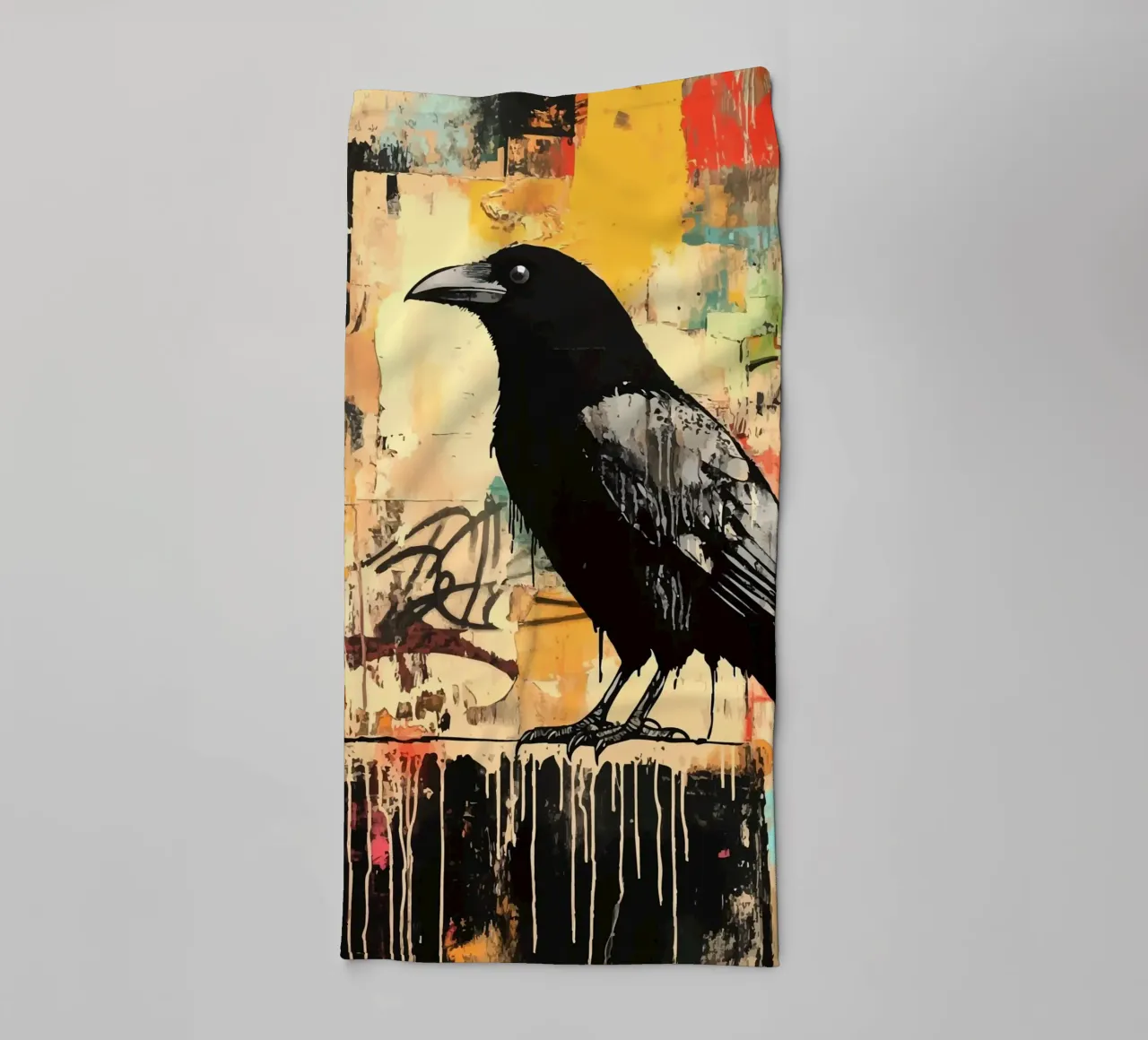 Raven on an abstract graffiti background towel by pixelbull - medieval art and more