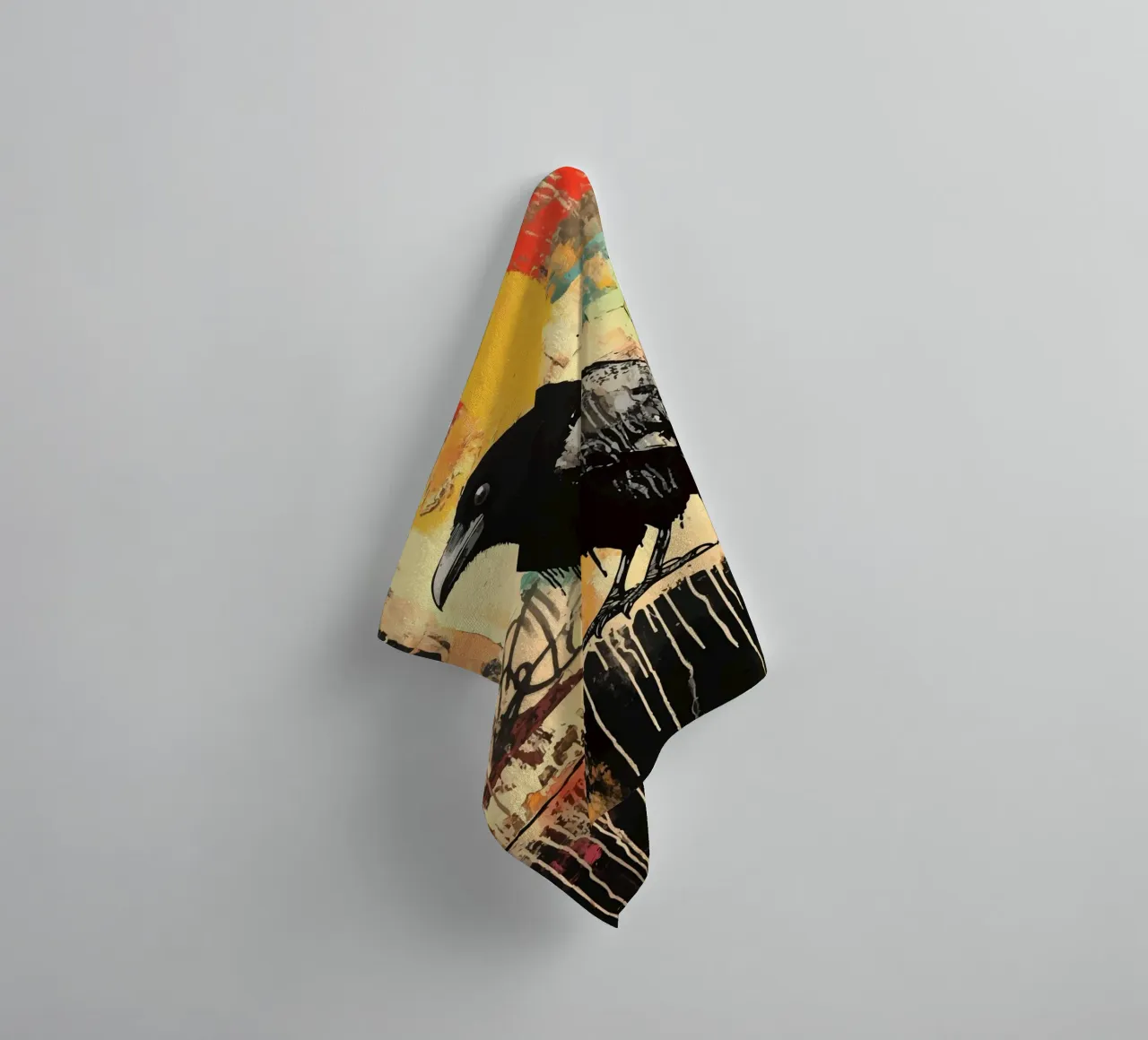 Raven on an abstract graffiti background towel by pixelbull - medieval art and more
