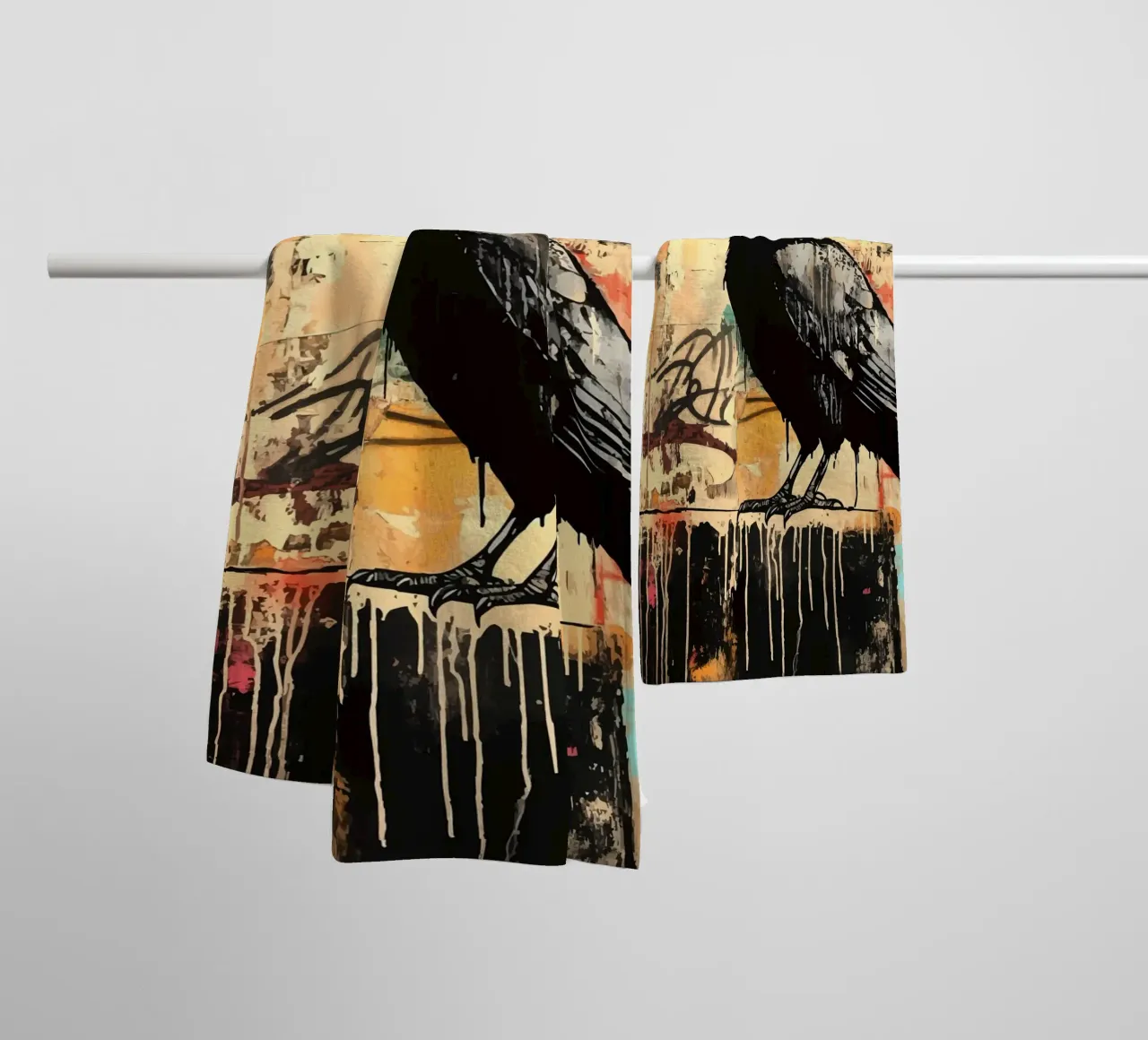 Raven on an abstract graffiti background towel by pixelbull - medieval art and more